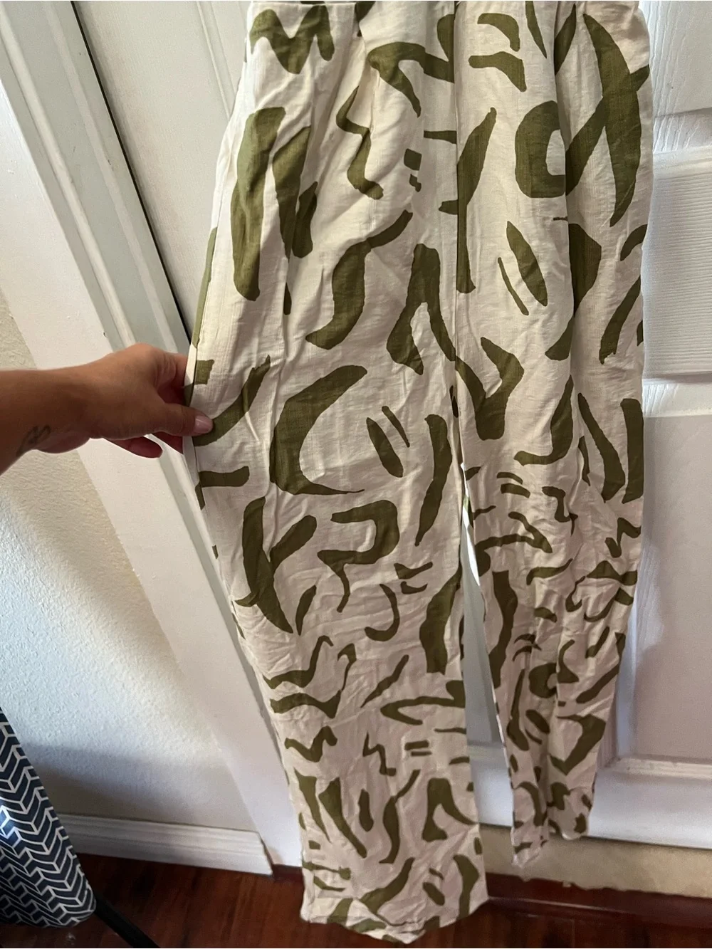 Cream jumpsuit with Olive Green Leaf Print and Tie Straps